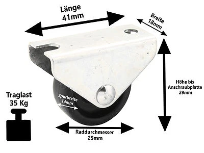 4 x Kunststoff Bettkasten Möbel Laufrolle Ø 25 mm Parkett Laminat Rollen 35 KG - Bild 1 von 4