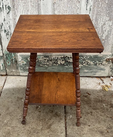 Antique Victorian Oak 2 Tier Parlor Side Table Plant Stand Turned Legs Cover