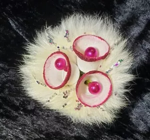 Rare Vintage Brooch Rabbit White Fur Sugar Bell Christmas Corsage Pin - Picture 1 of 3