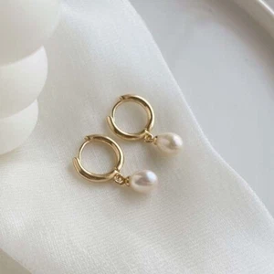 Woman 18K Gold Plated Freshwater Pearl Earring Clip Hoop Huggie Drop Dangle