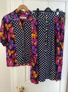 Vintage 80s Chaus Navy Blue & White Polka Dot and Floral Skirt Set - Size 14 - Picture 1 of 2