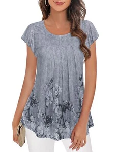 Women's Floral Tunic Top Short Sleeve Ruffle Blouse Black and Gray Floral XXXL - Picture 1 of 5