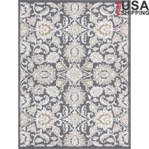 Indoor Area Rug Damask Charcoal Low Pile Stain Resistant Easy Clean Pet Friendly - Picture 1 of 8