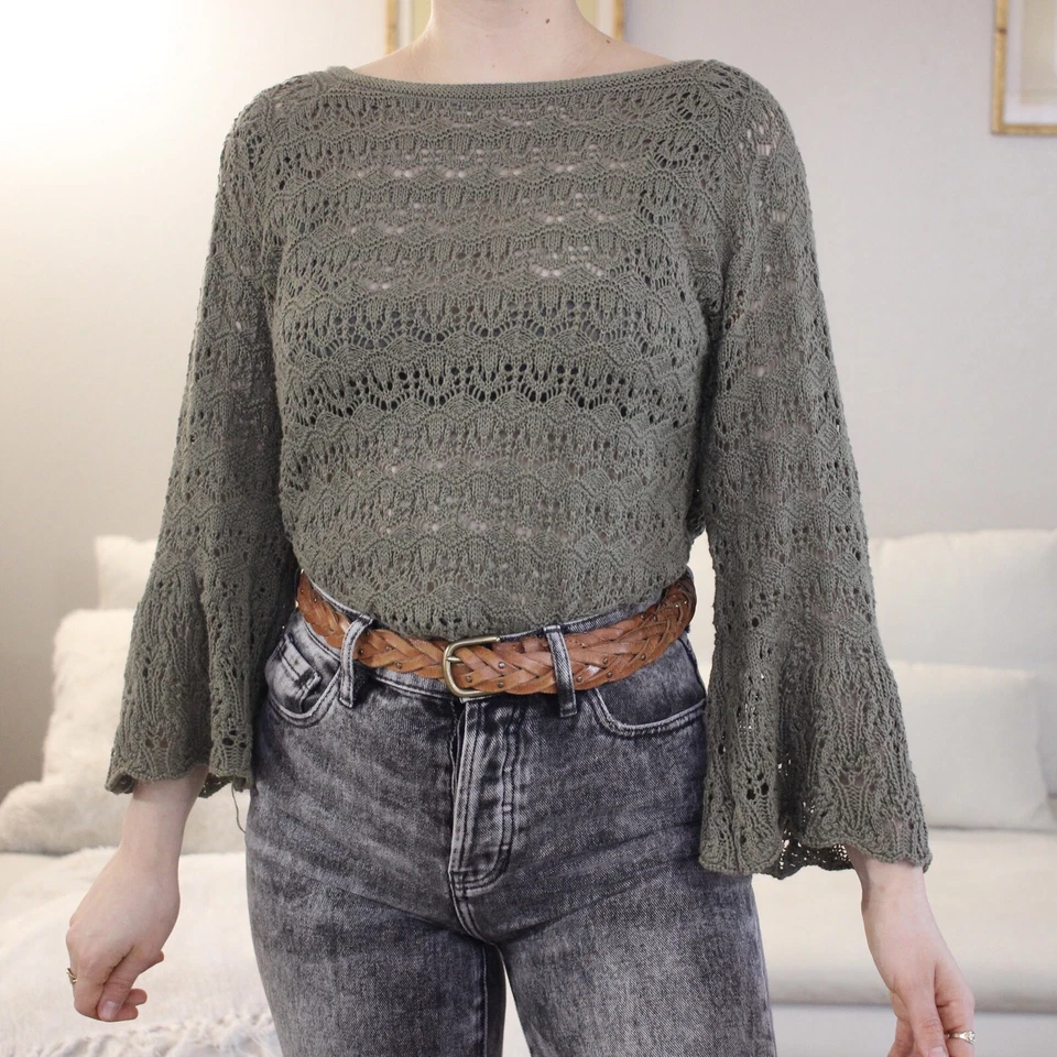 Jeanne Pierre Open Crochet Knit Top Size L Flare Sleeve Fairy Cottagecore Boho - Image 1 of 4