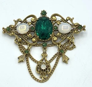 Vintage FLORENZA Brooch Dangle cabochon Green glass Rhinestone pin - Picture 1 of 11