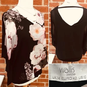 WALLIS Petite Size 14 Black Floral Blouse Top Cold Shoulder Summer Excellent L5 - Picture 1 of 8