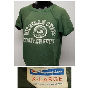 VTG 70s Champion Michigan State Short Sleeve BLUE BAR Crewneck Sweatshirt LARGE - Picture 1 of 12