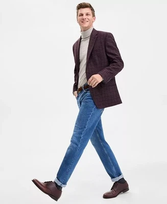 Abrigo Blazer Tommy Hilfiger Para Hombre Calce Moderno Deportivo 42 L Borgoña Rojo Cuadros Elástico Foto 1 de 2