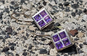Faceted Amethyst Square 925 Sterling Silver Wire Back Earrings INDIA - Picture 1 of 4
