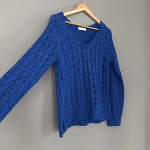 abercrombie & Fitch Sweater Girl L Blue Crochet Knit Fisherman V Neck Pullover - Picture 1 of 10