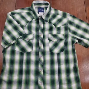 Men's Wrangler Western Fashion Pearl Snap Short Sleeve Shirt Green Plaid Medium - Picture 1 of 11