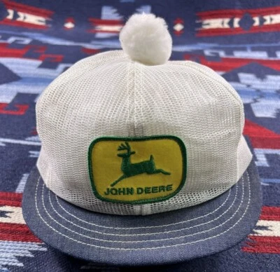 复古 70 年代 John Deere Louisville Mfg 网眼平沿帽卡车司机帽 Pom 贴布牛仔布 — 第 1/4 张图片