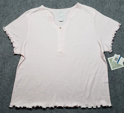 Aria 衬衫女式 XL 粉红色短袖凹槽领纽扣刺绣针织新品 — 第 1/4 张图片