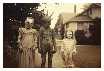 SCARY CREEPY VINTAGE HALLOWEEN CHILDREN IN COSTUMES AND MASKS 1930s 4X6 PHOTO - Image 1 of 4