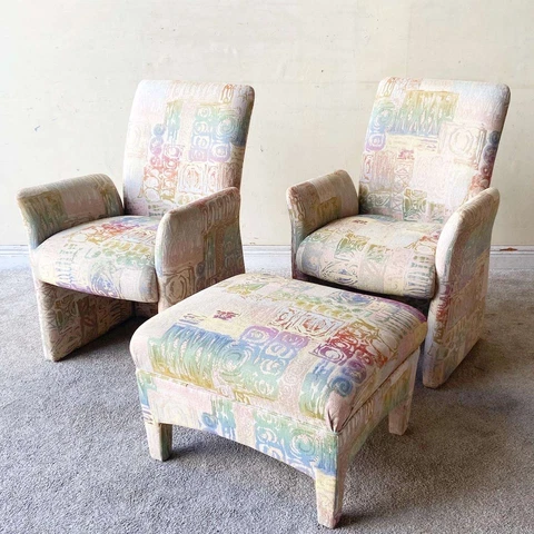 Postmodern Multicolored Sculpted Armchairs With Ottoman Cover