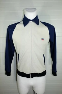 Vintage 80s Levi's Ecru Blue Retro Zip Polyester Track Jacket Cropped Size 34 - Picture 1 of 6