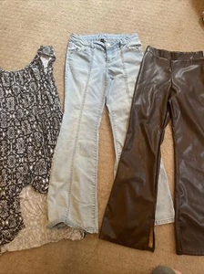 Lot Of 3 Girls Size 12 Bell Bottom Jeans, Pleather Pants, And Hi Low Dress - Picture 1 of 4