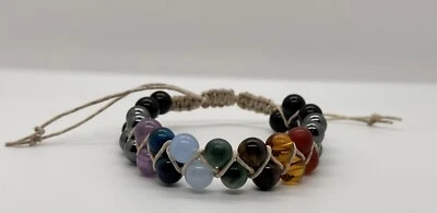 Healing 9 Chakra Beads Double Layer HEMP Bracelet Adjustable Handmade - Image 1 of 4