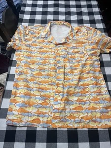 Mens Columbia Short Sleeve Vented Button Shirt Size L Fish Print Nice Bright - Picture 1 of 9