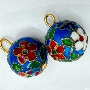 Cloisonne 2 Blue Color Beads 12 MM Red White Green Flowers Beads - Picture 1 of 8
