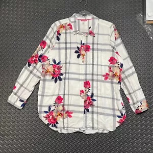 Joules Floral Rose All Over Print Button Up White Plaid Shirt Women's Size 14 - Picture 1 of 8