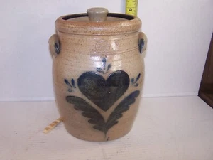 Rowe Pottery Works Kanister Topf mit Deckel Salzglasur 1986 blau Herz CAMBRIDGE - Bild 1 von 9