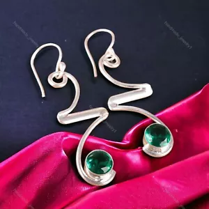 Natural Green Emerald Gemstone Drop/Dangle Dainty Earrings 925 Silver For Women - Picture 1 of 5