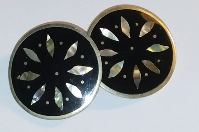 Vintage Flower Abalone Inset Clip-on Earrings Alpaca Silver Mexico - Image 1 of 4