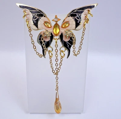 Butterfly Brooch Pin Dangle Chain Rhinestones Enamel Gold Tone Double Pin Back - Image 1 of 4