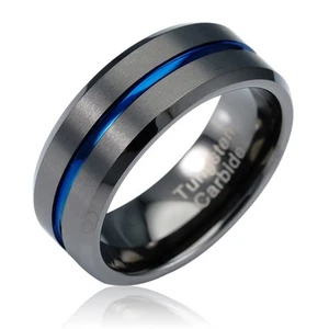 Gunmetal Gray Tungsten Ring for Men Blue Groove Line Wedding Band Promise Eng... - Picture 1 of 6