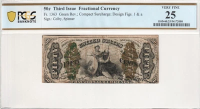 50 Cents Justice Fractional Green Reverse Figure 1 & a FR 1363 PCGS VF 25 - Image 1 of 4