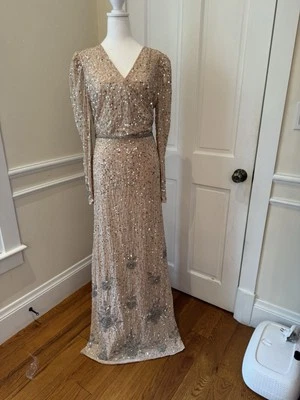 Mac Duggal Nude Silver Long Sleeve Lattice Sequin Beaded Trumpet Gown Sz 12 $598 - Image 1 of 4