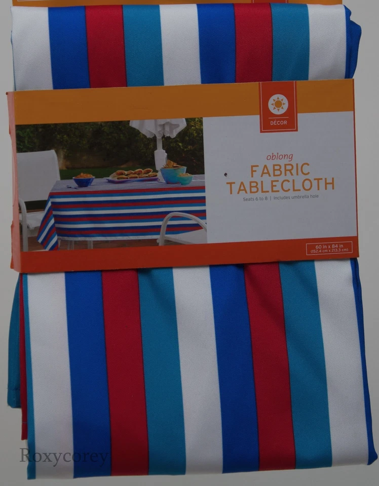 Red & White Striped Fabric 70 in Round Tablecloth NWT - Image 1 of 1