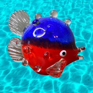 Hand Blown Glass Fish Figurine Puffer Fish Oceanic Statue Red Blue BoConcept 5x6 - Picture 1 of 11
