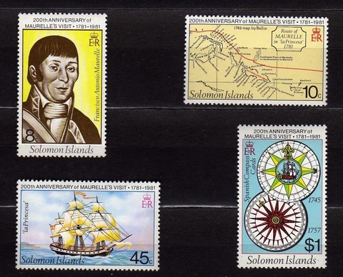SOLOMON ISLANDS #439-442 MNH BICENT. ARRIVAL OF MAURELLE & MAPMAKER J.N. BUACHE Cover
