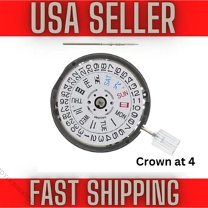 SEIKO SII NH36 WATCH MOVEMENT CROWN AT 4 DAY BLACK WHITE W/ STEM - USA SHIPPING - Picture 1 of 6