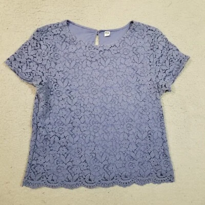Uniqlo Top Mujer Mediano Azul Encaje Manga Corta Camisa Flores Informal Damas Foto 1 de 4
