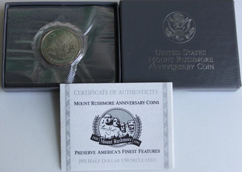 1991 D Mount Rushmore Half Dollar Commemorative Coin BU 50c US Mint Packaging Cover