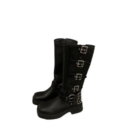 Stivali donna punk fibbia stringati al ginocchio tacco medio blocco stivali cavaliere scarpe - Immagine 1 di 4