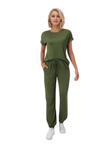 Women Solid Batwing Sleeve Tee & Drawstring Waist Sweatpants Set GCOM - Picture 1 of 14