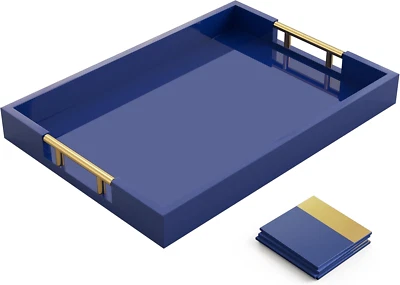 Navy Blue Serving Tray with 4 Matching Coasters, Decorative Gold Handles, Wooden - Image 1 of 4