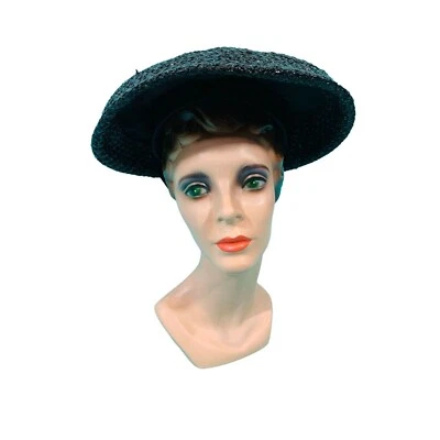 Винтажная плетеная женская шляпа 1950-х большой черный солнечный бархат деталь - Изображение 1 из 4