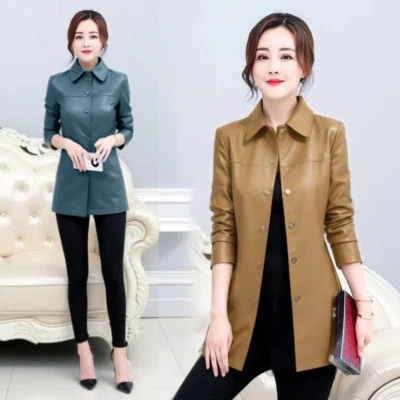 New Women's Leather Jacket Long Winter Brown Warm Ladies Leather Coat - Image 1 of 4