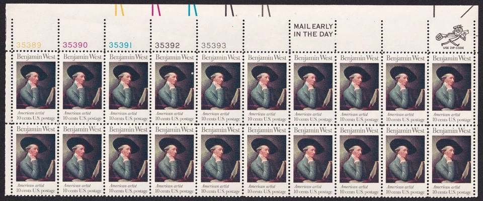 Scott #1553 Benjamin West Painter Plate Block of 20 Stamps - MNH - Image 1 of 1
