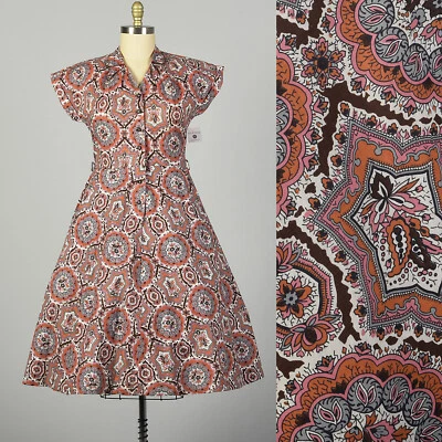 XL 1950 Vestido de Día Algodón Volup Estampado Bohemio Manga Corta Cintura Camisa De Colección Foto 1 de 4