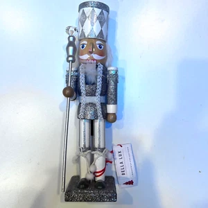 Nutcracker Bella Lux Wooden Silver Glitter  Holding Staff w Jewel on top - Picture 1 of 8