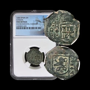 SPAIN. 1684, 2 Maravedis - NGC F - Charles II, Bewitched, Castle Lion Coruna 043 - Picture 1 of 5