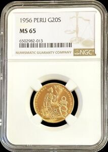 1956 GOLD PERU 20 SOLES SEATED LIBERTY COIN 1201 MINTAGE LIMA MINT NGC MS 65