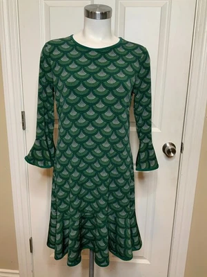 Mini Vestido Michael Kors Verde Blanco Estampado de Vieira Manga Acampanada, Talla PM Foto 1 de 4