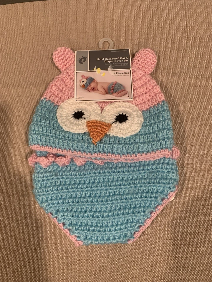 NUEVO CON ETIQUETAS Bebé Niña Ganchillo a Mano Búho Tema Sombrero y Pañal Cubierta 0 a 9 Meses Foto 1 de 4